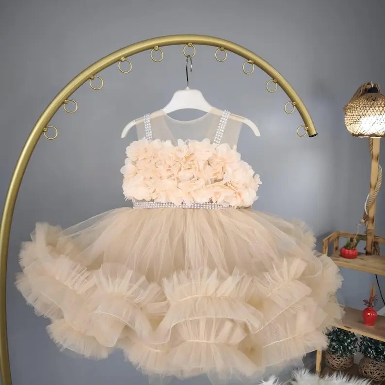 Flower Girls Dress Handmade Cream Tulle Flower Girl Dress: Ruffled Princess Dress for Wedding Party
