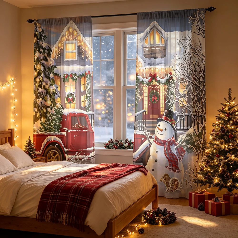 2PCS Christmas Snowman Print Curtains, Rod Pocket, Polyester, Home Decor, Window Drapes, Bedroom Living Room, Kitchen, Bathroom