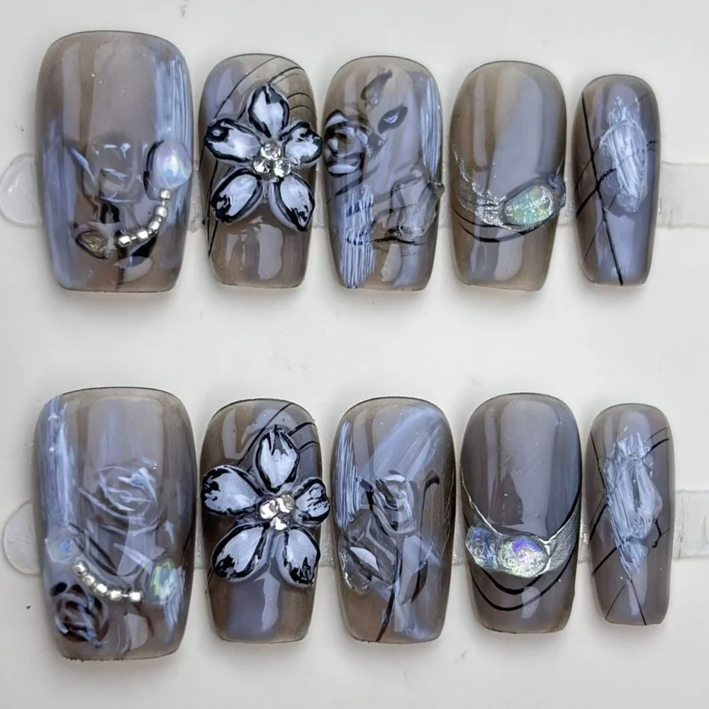 10 stuks Cat's Eye nepnagels schattige zoete zwarte kat volledige dekking nageltips kort ballet druk op nagels sets herbruikbare vierkante valse nagel