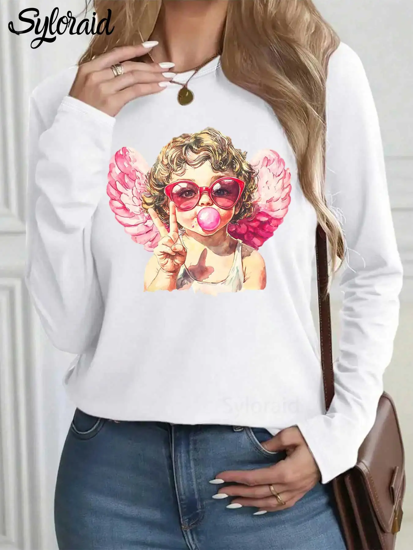 

Women's Long Sleeve T Shirt Valentine Retro Cupid Shirt Fashion Round Neck Casual Top