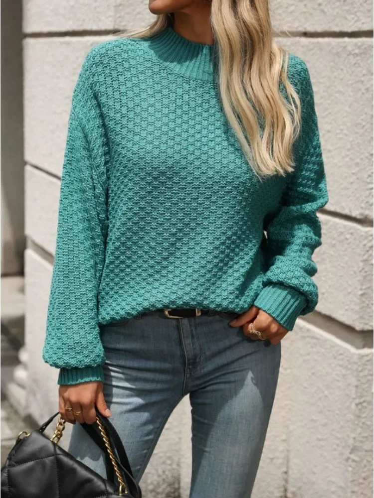 

Women's Fashion High Neck Solid Color Knit Sweater Pullover Ladies Autumn and Winter Casual Long-sleeved Sweater