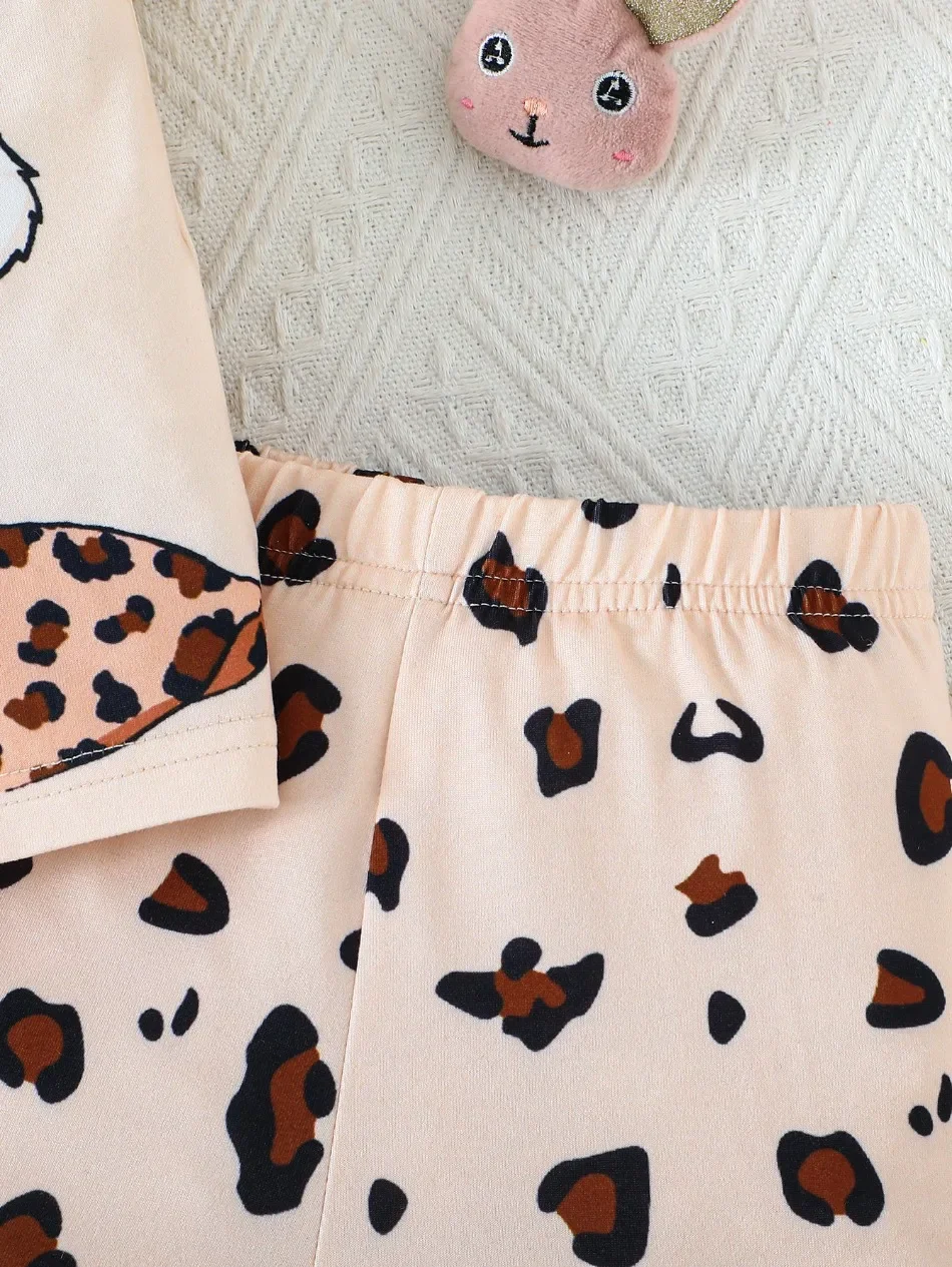 Mädchen-Outfit, 2-teilig, mit Cartoon-Kaninchenmuster, Rüschenärmeln, Leopardenmuster-Shorts, für Kinder, ideal für Sommer, Strand, Alltag, Freizeitkleidung, Set ZYD47. – Detail 9