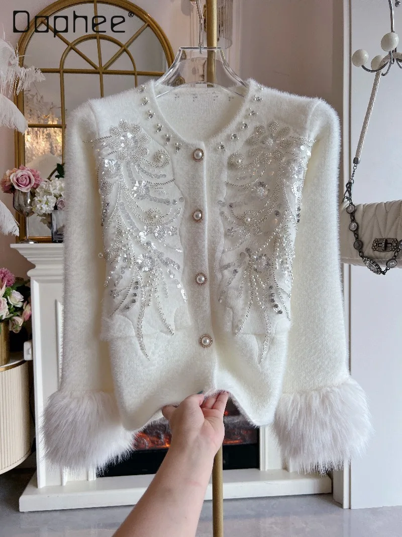 

2025 Autumn Winter New Heavy Embellished Diamond Fur Cuff Sweater Loose Mink Velvet Elegant Thickened Cropped Cardigan Women