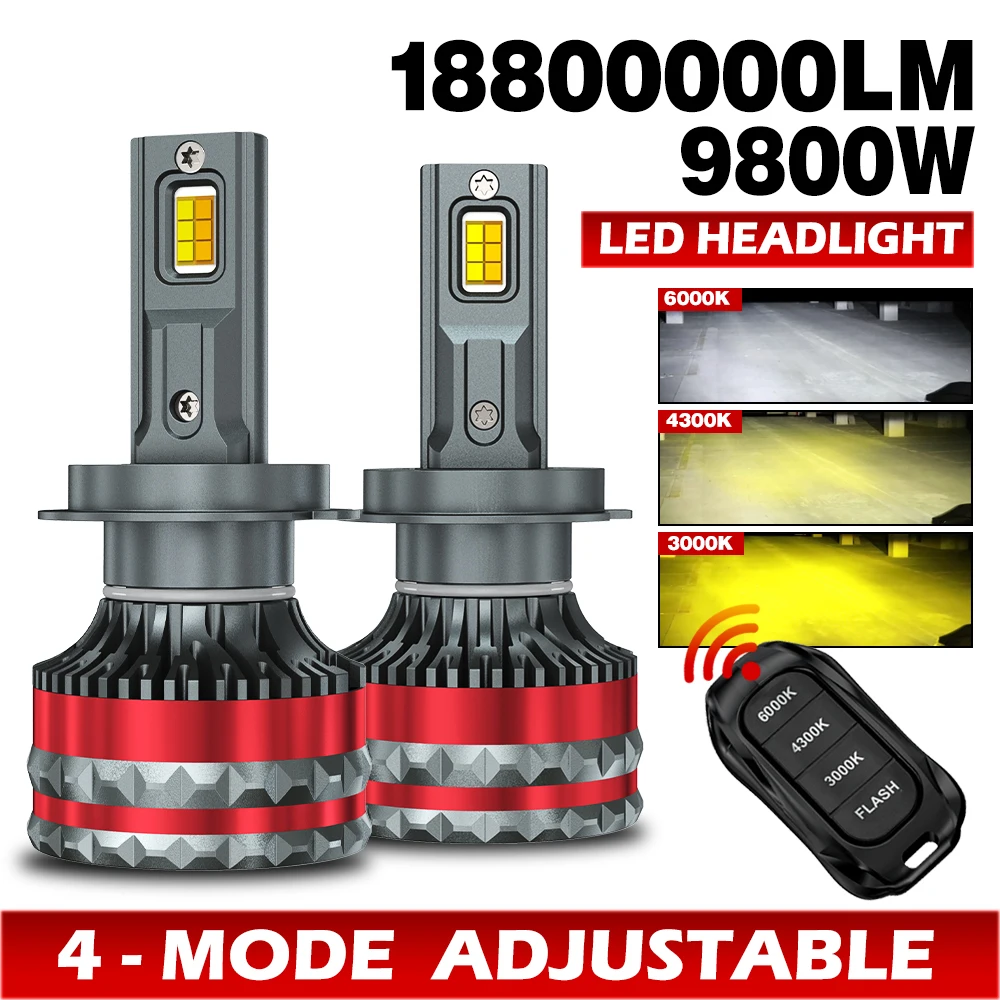 

9800W H4 H7 LED Headlights Canbus H1 H11 9005 HB3 9006 HB4 6000K 4300K 3000K Three Color Remote Control Car LED Bulb Strobe Lamp