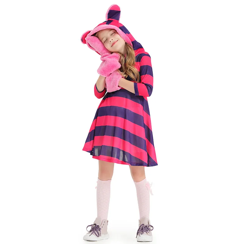 IOOTIANY Children Pink Cheshire Cat Costume for Girls 4-6Y 6-8Y 8-10Y 10-12Y Hallloween Purim Fancy Dress 2024