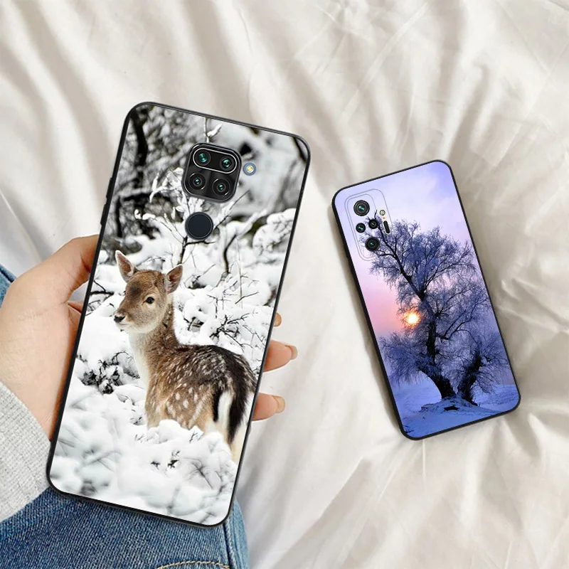 Miękkie etui na Redmi Note 9T 9S 8T 7 8 9 Pro 7A 8A 9A 9A 9C 9i 6 6A Xiaomi Mi 9se 8Lite zimowe lodowe drzewo czarne etui na telefon