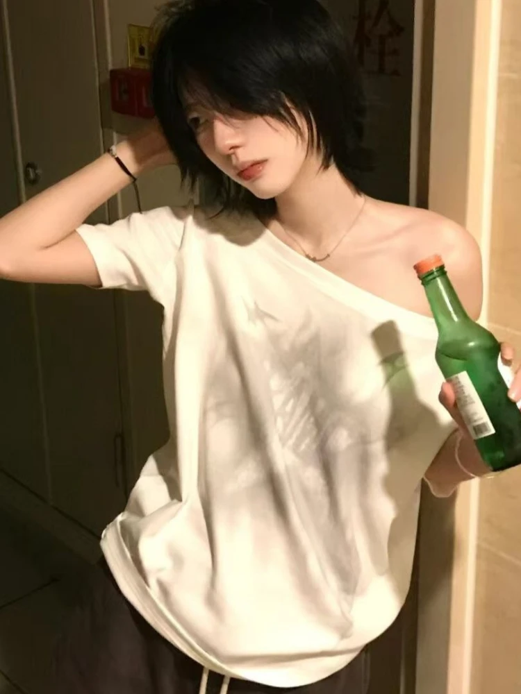 

Harajuku повседневная футболка в стиле гранж с разрезом на шее, летние Y2k, винтажные топы с эстетическим буквенным принтом, женские уличные повседневные свободные топы