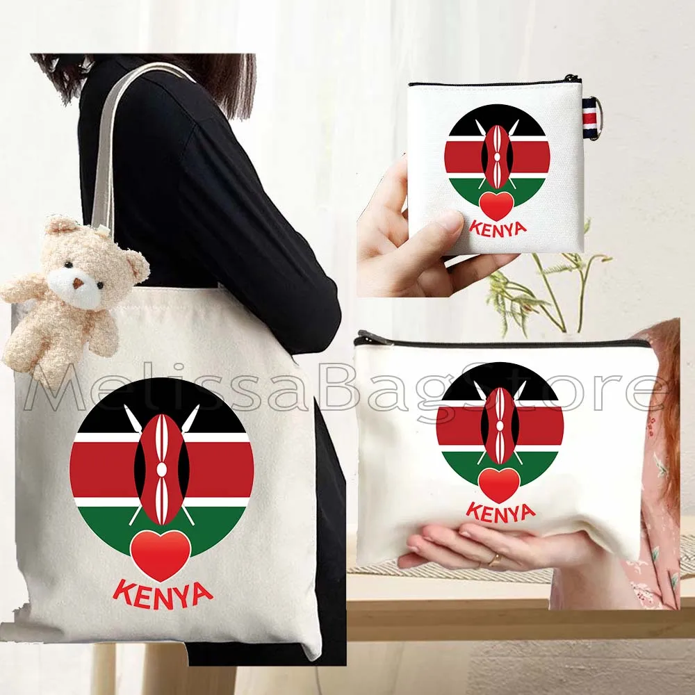 

4PCS Gifts Set Kenya Heart Flag White Canvas Tote Bag Handbag with Doll Key Coin Purse Cosmetic Makeup Toilet Bag Case Pouch