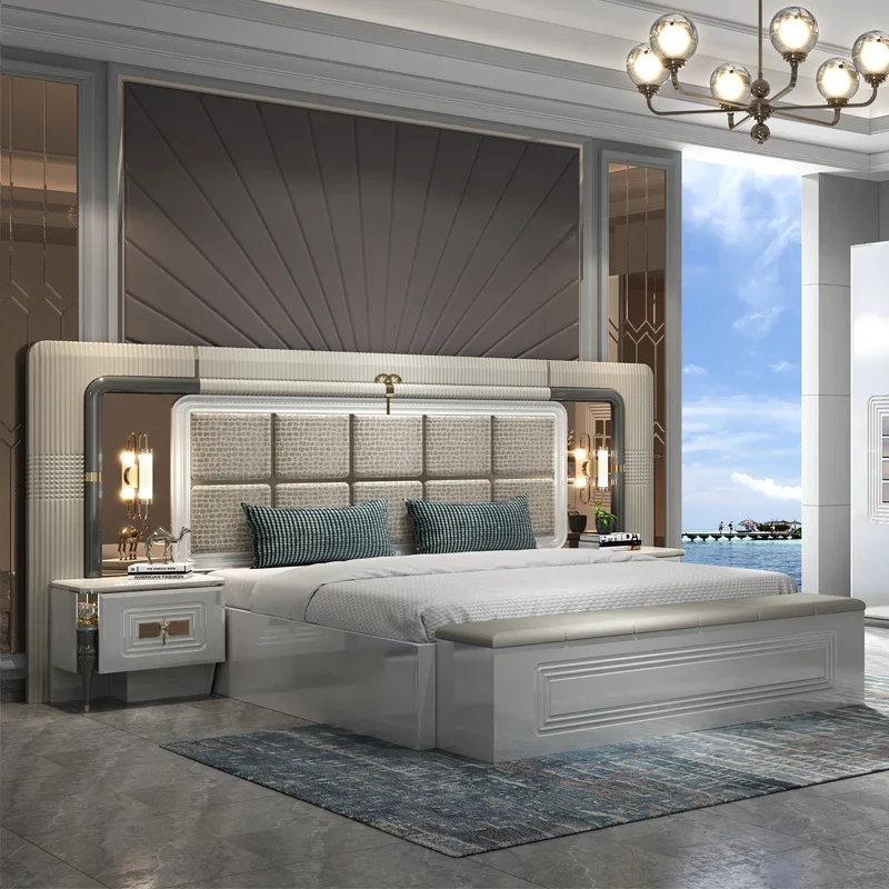 

A Luxury Home Wood Frame Double King Size Bed Room Suite Lighted Headboard Full Set Modern Wooden Furniture Bedroom Sets