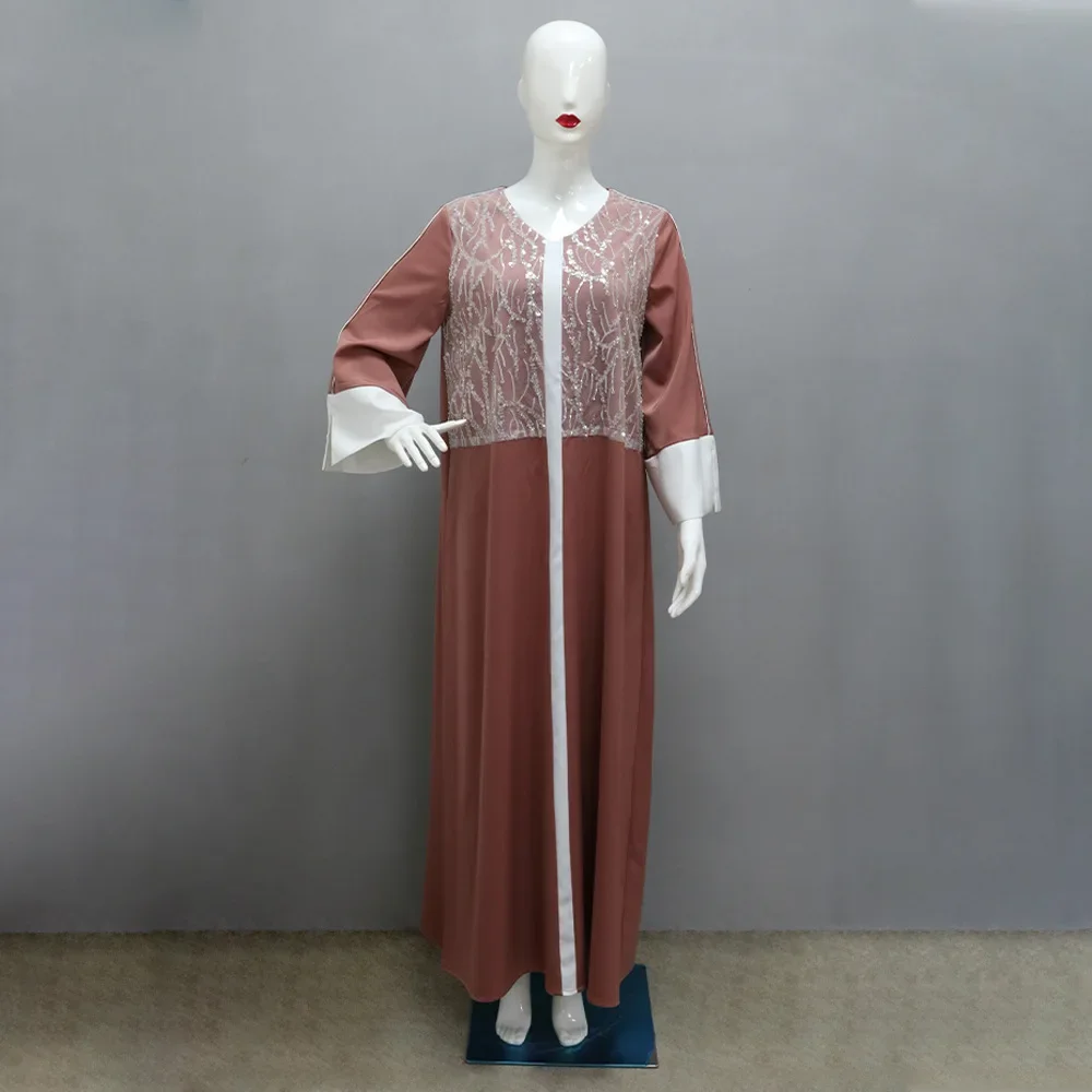 فستان ساتان متباين الألوان للنساء المسلمات في الشرق الأوسط، فستان مطرز بالترتر، عباية طويلة فضفاضة