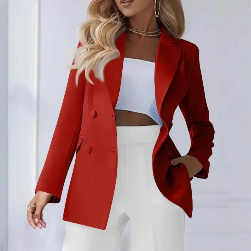 موضة جديدة لربيع وخريف 2025 بدلة ترفيهية بأكمام طويلة مزدوجة الصدر وطية صدر صلبة ملابس نسائية احترافية للتنقل