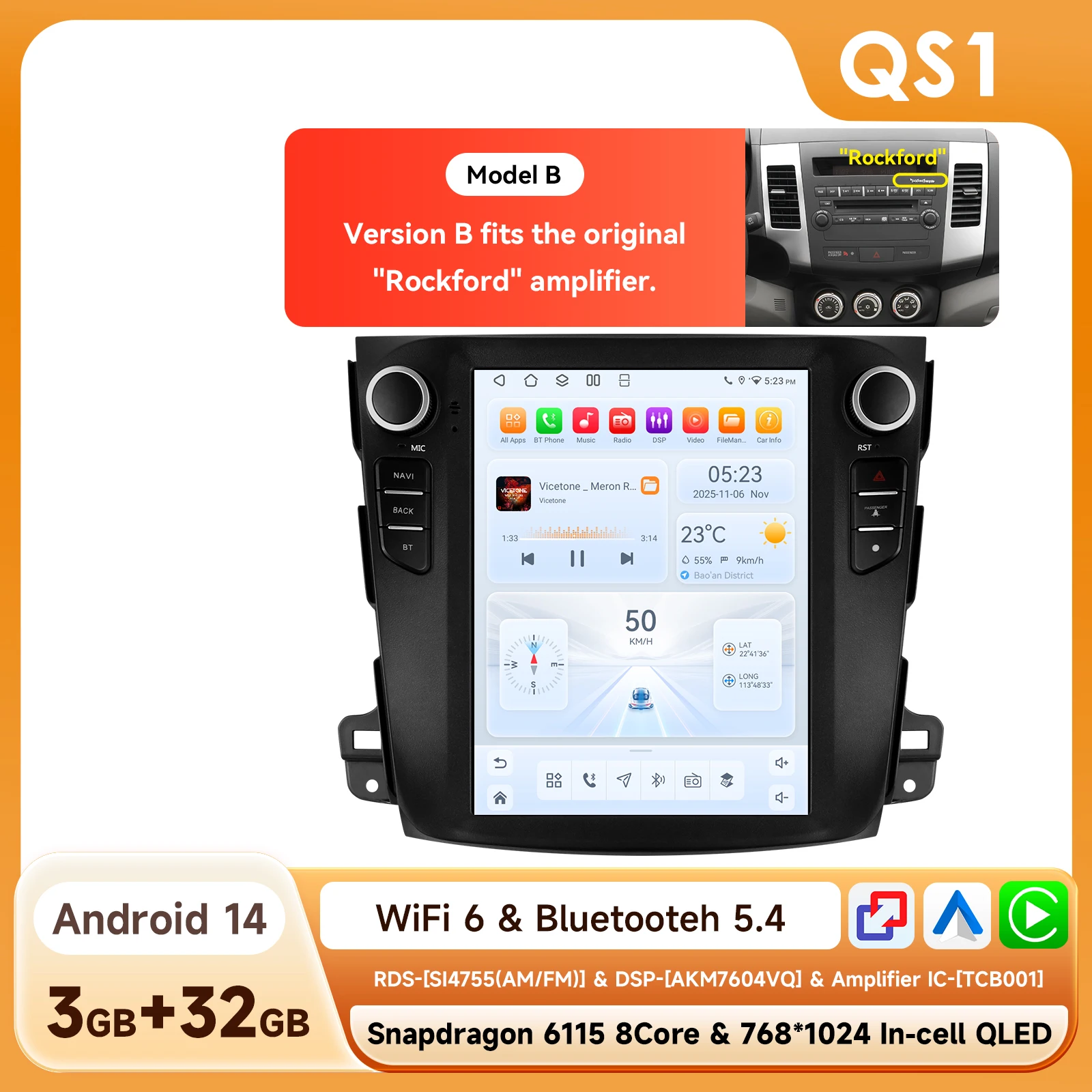 9,7 inch autoradio navigatie multimediasysteem draadloze BT Carplay QLED scherm voor Mitsubishi Outlander XL 2 2008 2009 2010 2011