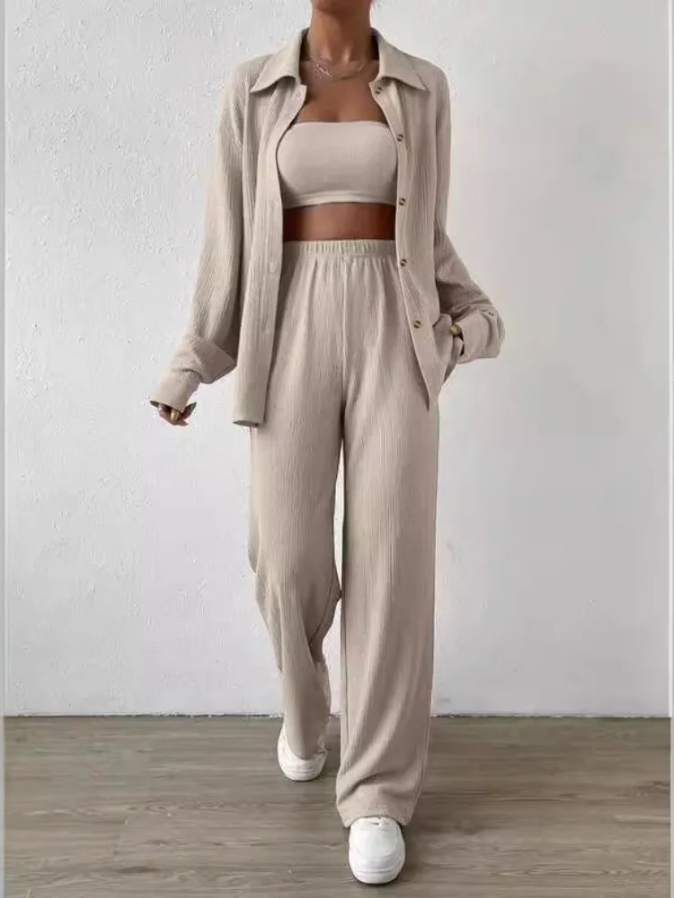 Set Dua Potong Wanita 2025 Koleksi Terbaru Cardigan Kancing Warna Solid Unisex Kasual Fashion Set 2 Potong Untuk Musim Semi & Gugur