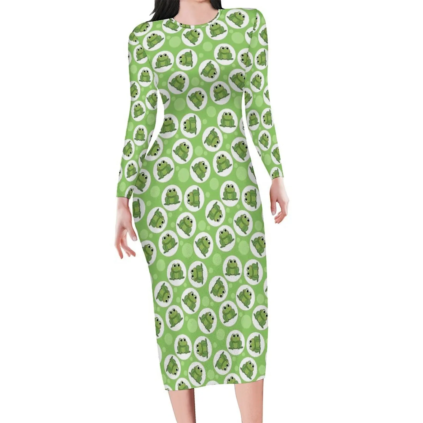 

Green Frog Print Dress Long Sleeve Cute Animal Korean Fashion Dresses Summer Sexy Bodycon Dress Ladies Graphic Oversized Vestido