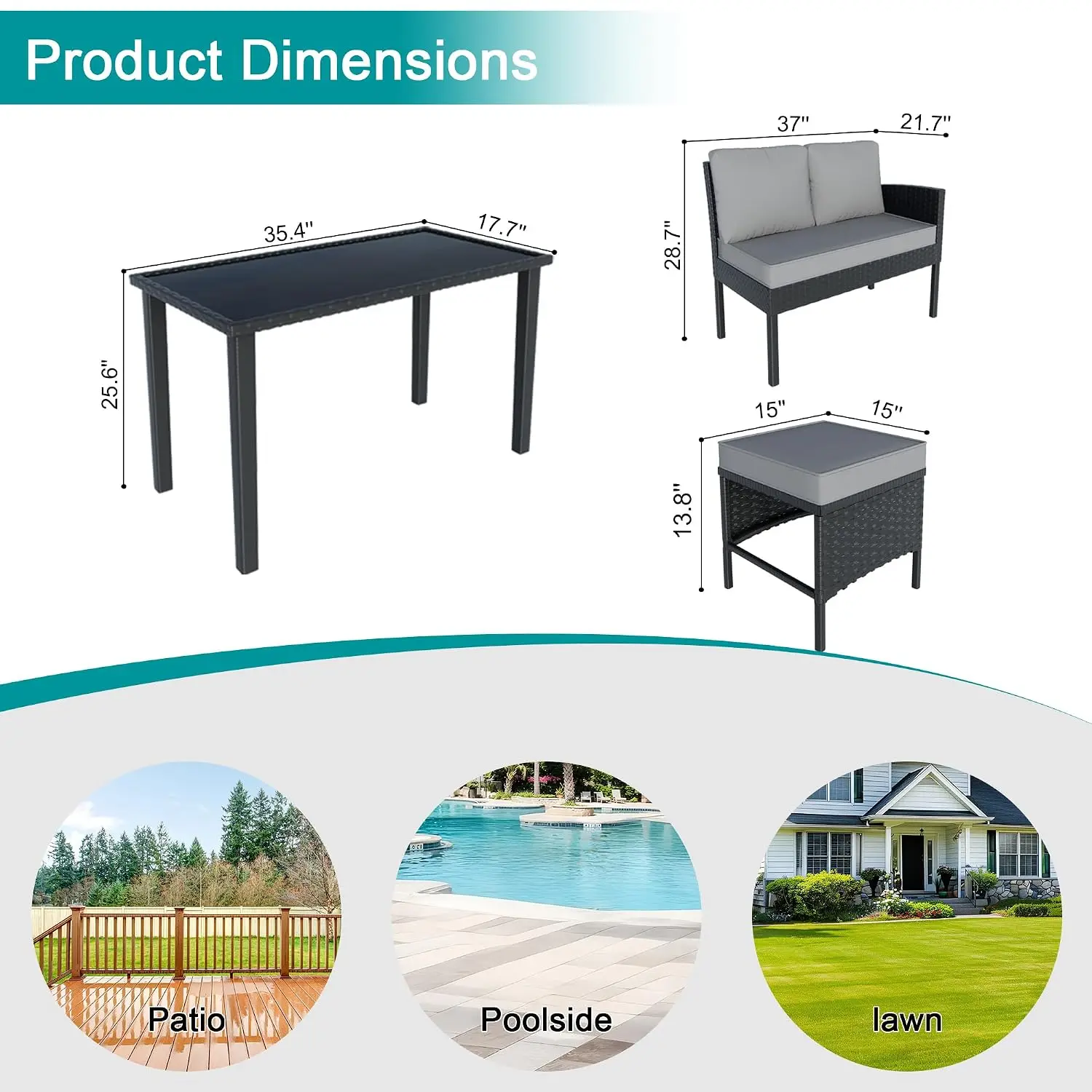 7-Piece PE Rattan Patio Set With Dining Table & Ottomans, Throw Pillows & Cushions For Deck Yard Poolside, Gray, Customized