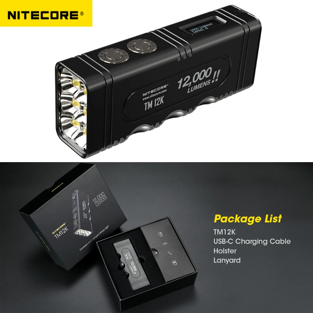 Фонарик NITECORE TM12K, 12000 люмен, светодиодный фонарик, 250 метров, USB-C, перезаряжаемый крошечный тактический встроенный аккумулятор Monster Фонарик NITECORE TM12K, 12000 люмен, светодиодный фонарик, 250 метров, USB-C, перезаряжаемый крошечный тактический встроенный аккумулятор Monster