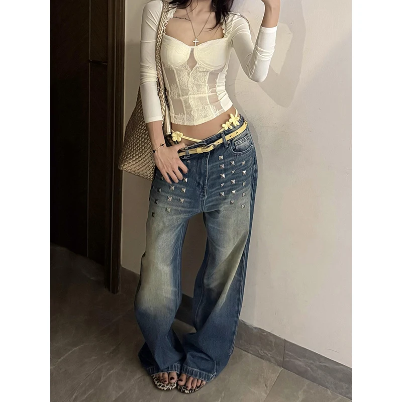 

PBAP Y2k Синие мешковатые джинсы с заклепками для женщин Винтажные потертые усы Do Old Высокая талия Свободные повседневные широкие брюки Корейская уличная одежда