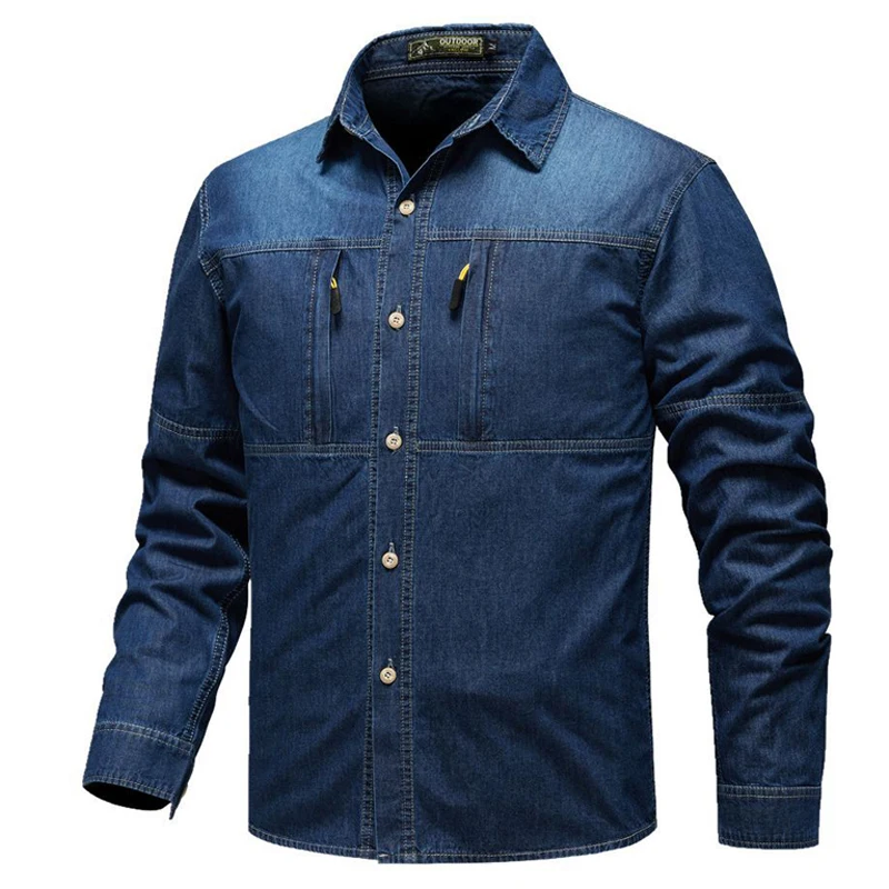 Spring Autumn Men's Cotton Denim Shirts Outdoor Men Retro Long Sleeve Shirt Workwear Shirt Jacket Men Vintage Washed Denim Coats