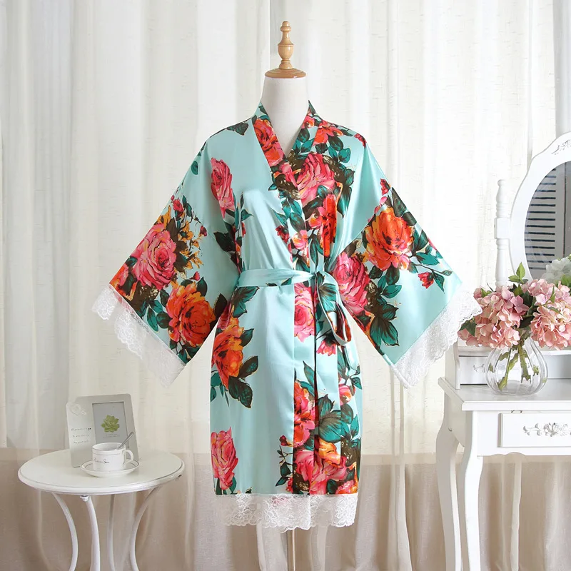 Japanse Stijl Kimono Pioenprint Patroon Nachthemd Kanten Vest Kort Gewaad Dunne Imitatie Zijden Pyjama Dameskleding