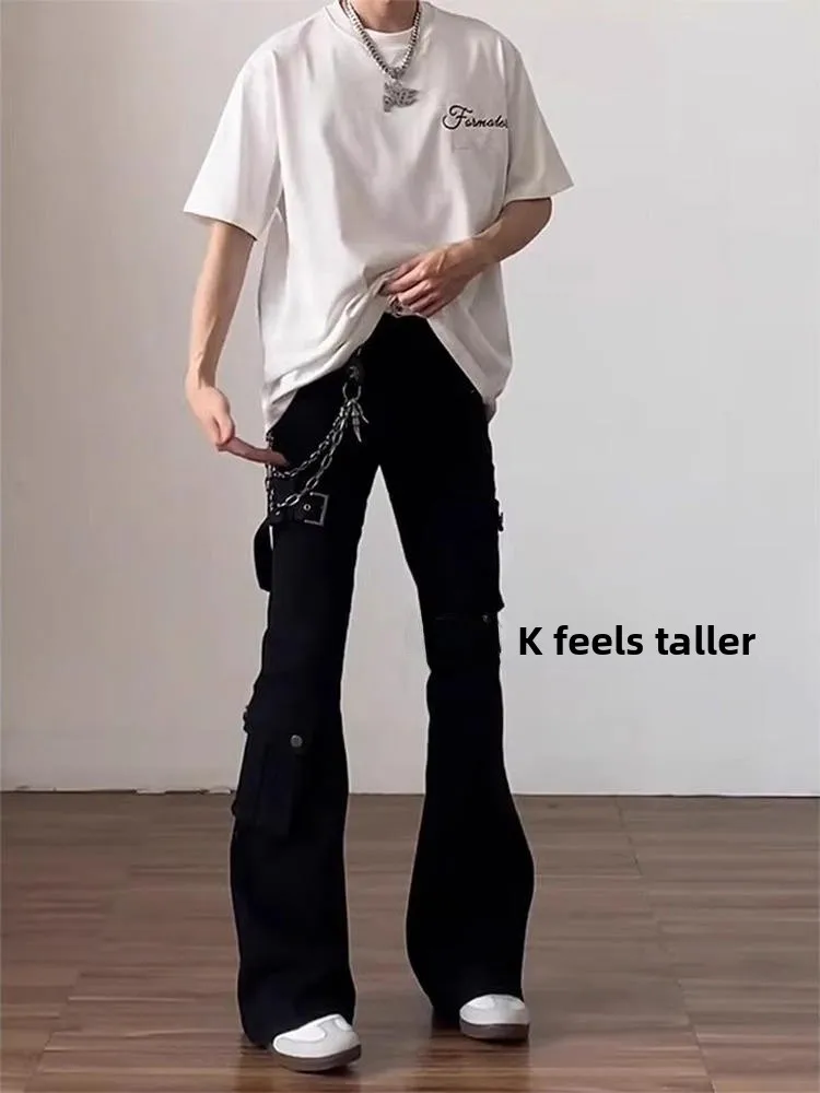

Bla Vibe Belted Flared Jeans Men's American High Street Knife Workwear Slimming Straight Leg Pants Youth Trendy Jeans
