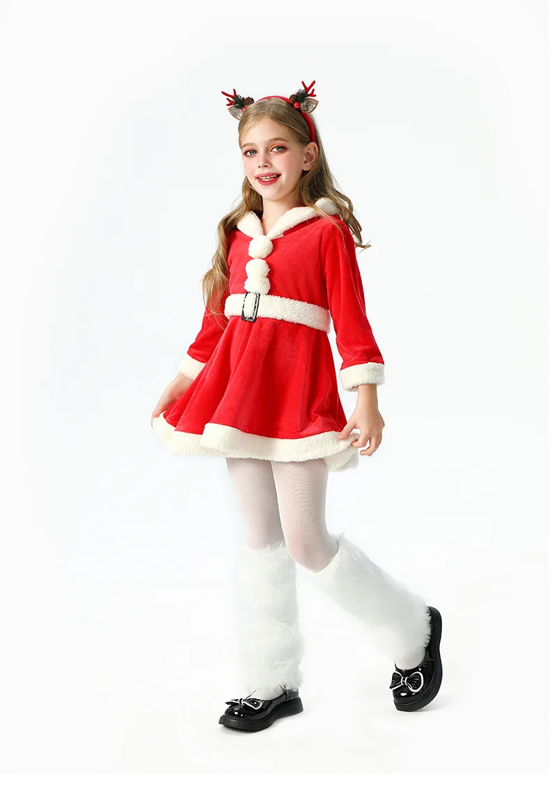 Weiches Samtkleid für Kinder mit Weihnachtsmann-Motiv, Kapuze, Weihnachtskostüm, Weihnachtsfeier, Bühnenauftritt, Show, Cosplay, Rock, Outfit – Detail 16