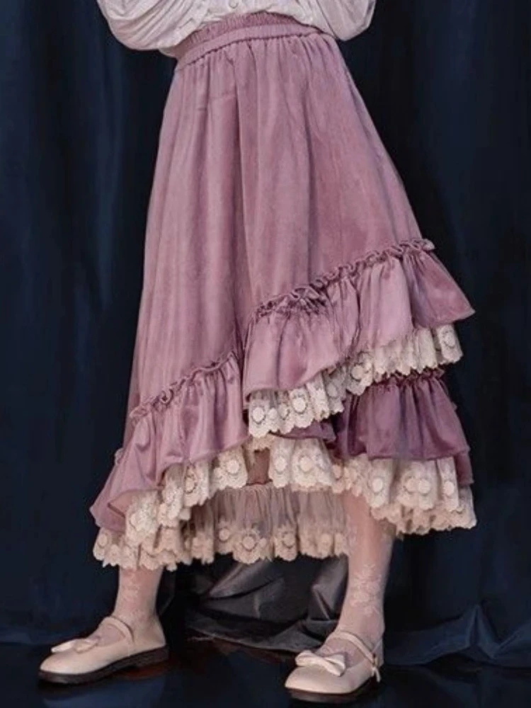 Purple Lace Elegant Sweet Skirt Women Autumn Korean Fashion Retro Midi Skirt Female Flods Vintage Chic Designer Skirt 2025 New