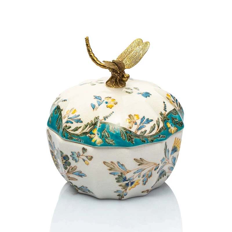 Antique French Porcelain And Brass Jewelry Box White Green Red With Removable Cover Dragonfly Butterfly Ornated Candy Jar Case