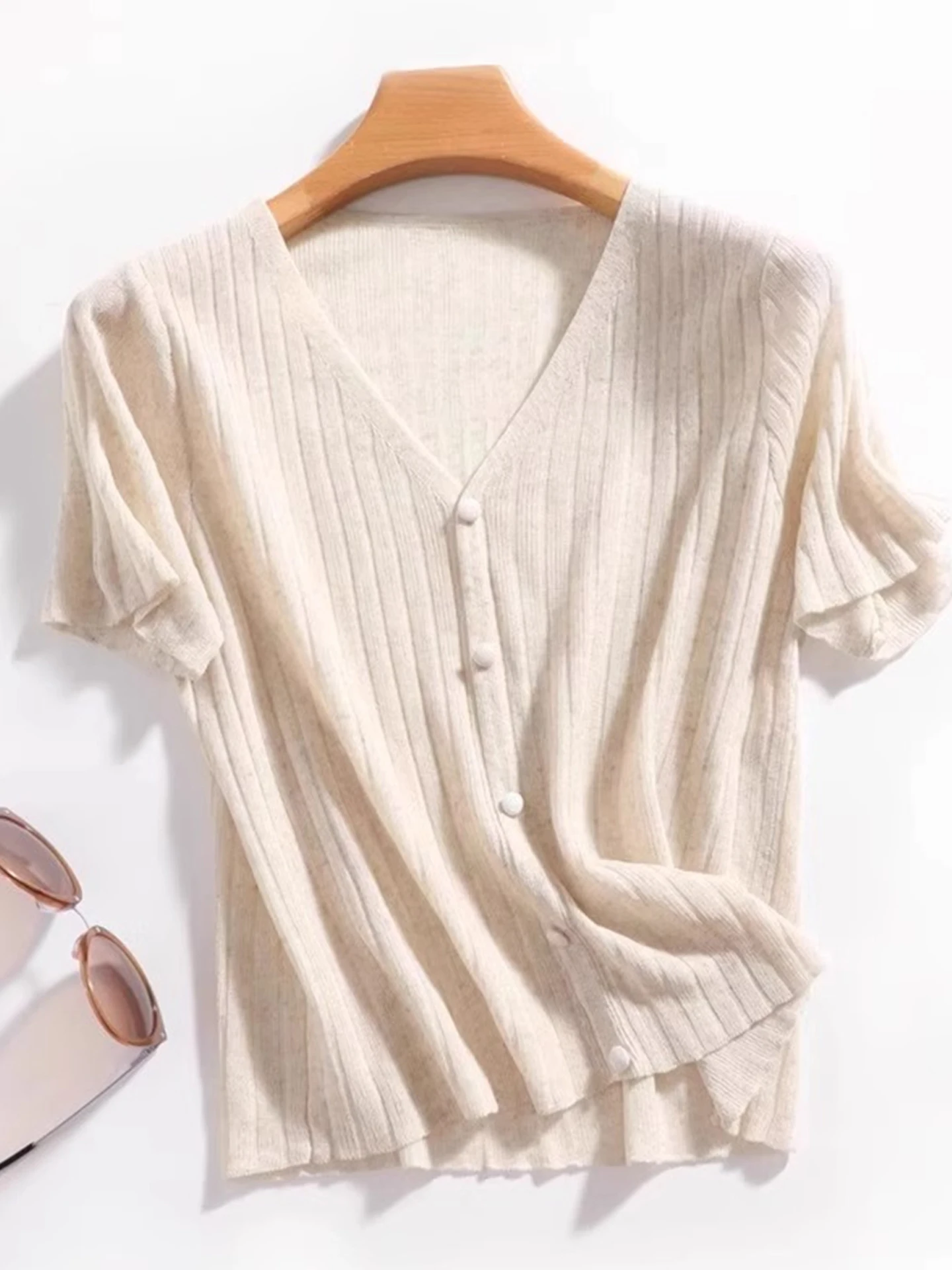 

Korean Sle V-Ne Knitted Cardigan Women's Summer Thin ort Sve Breathable Faion Pure Color Lazy Top Button Design