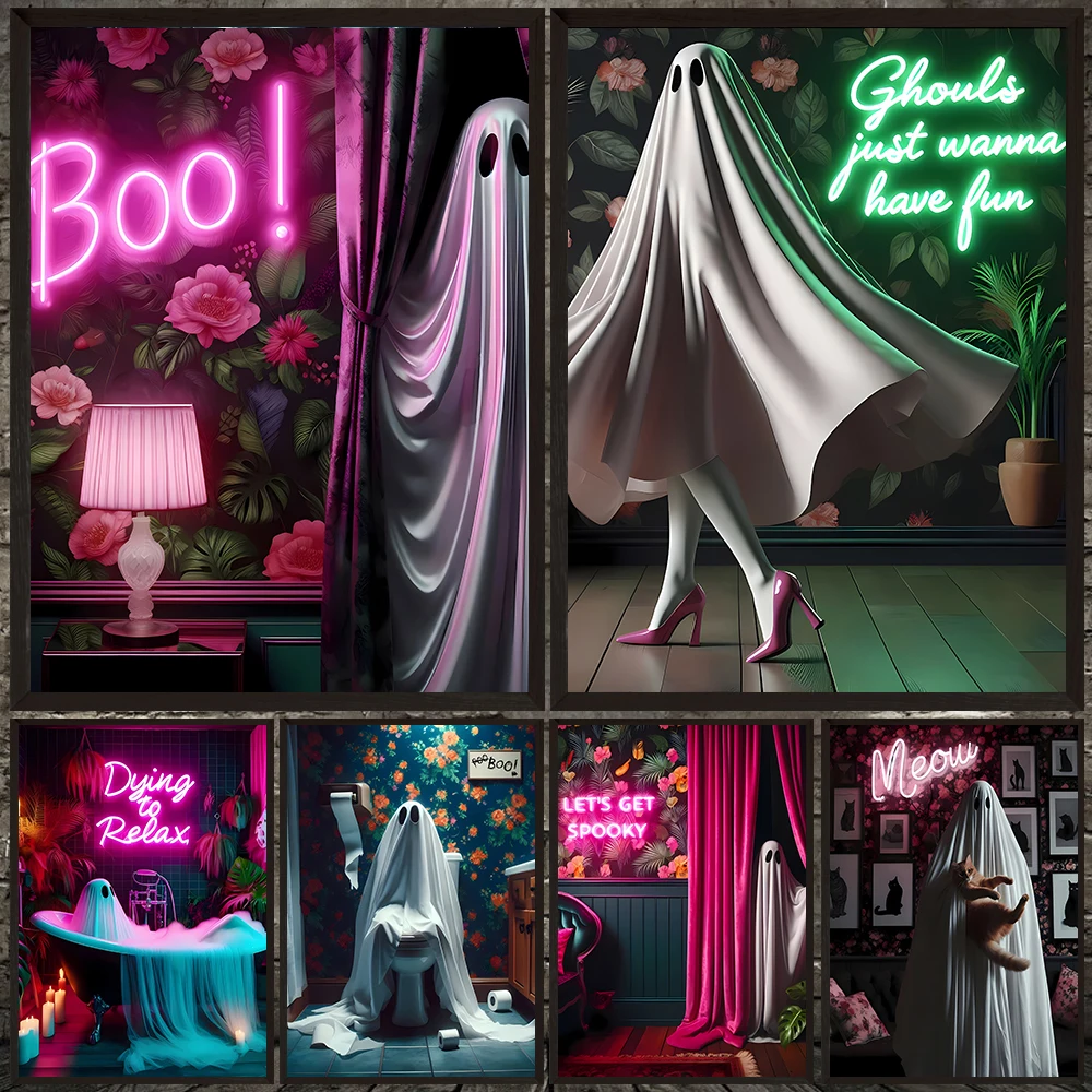 

Funny Dark Humour Ghost Gothic Wall Art Canvas Painting,Neon Sign Ghost Art Poster And Print,Funny Ghost Print Home Decoration