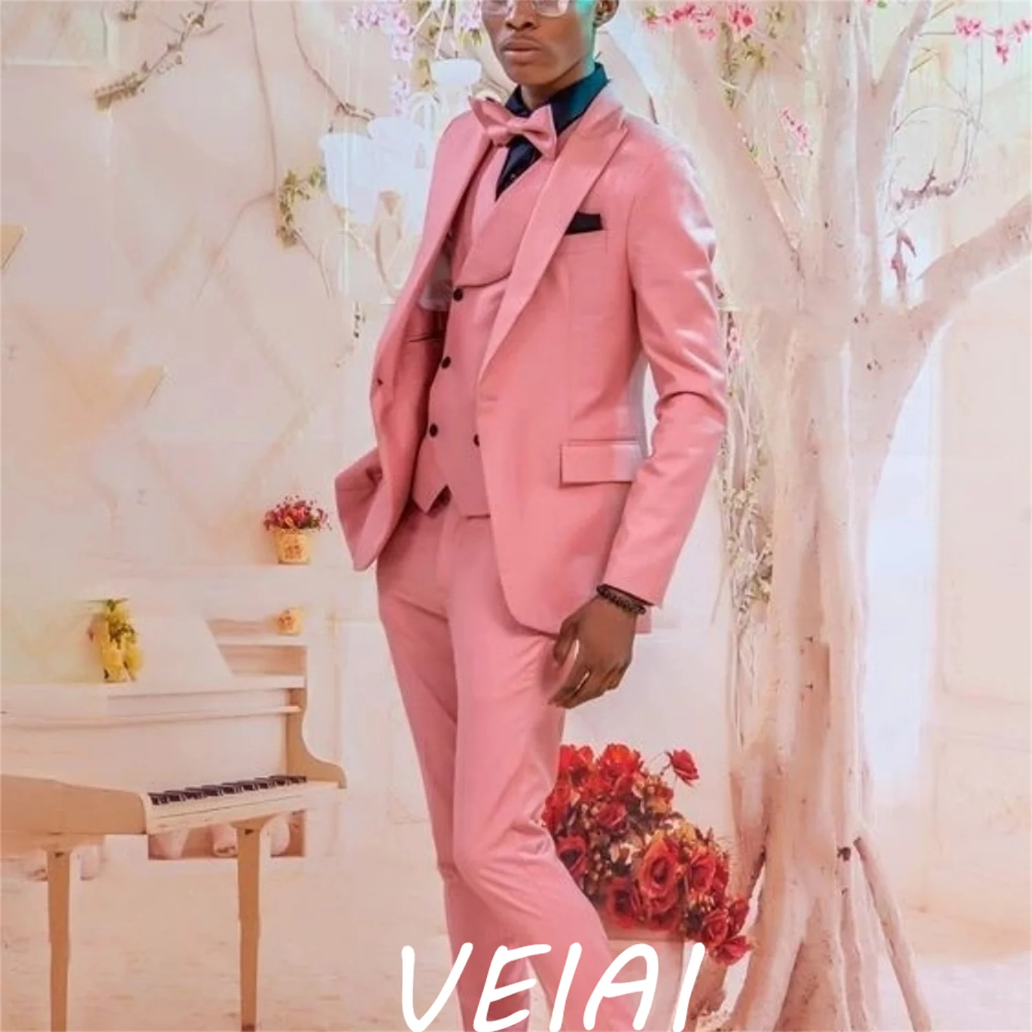 Pink Men Suits 3 Piece Slim Fit One Button Blazer Prom Party Suit Peaked Lapel Jacket Groom Wear Tuxedos (Coat+Vest+Pant)