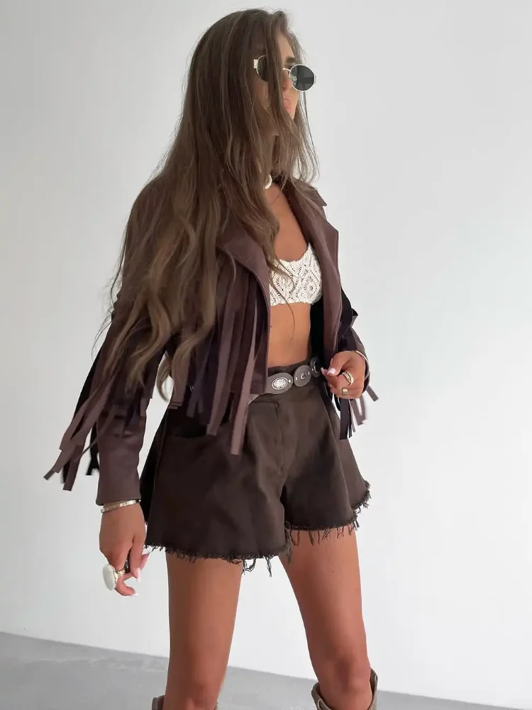 

Women's Stylish Tassel Jackets Autumn Loose Fit Long Sleeve Coats Chic V-neck Lapel Outerwear For Lady Daily Fashion Streetwear