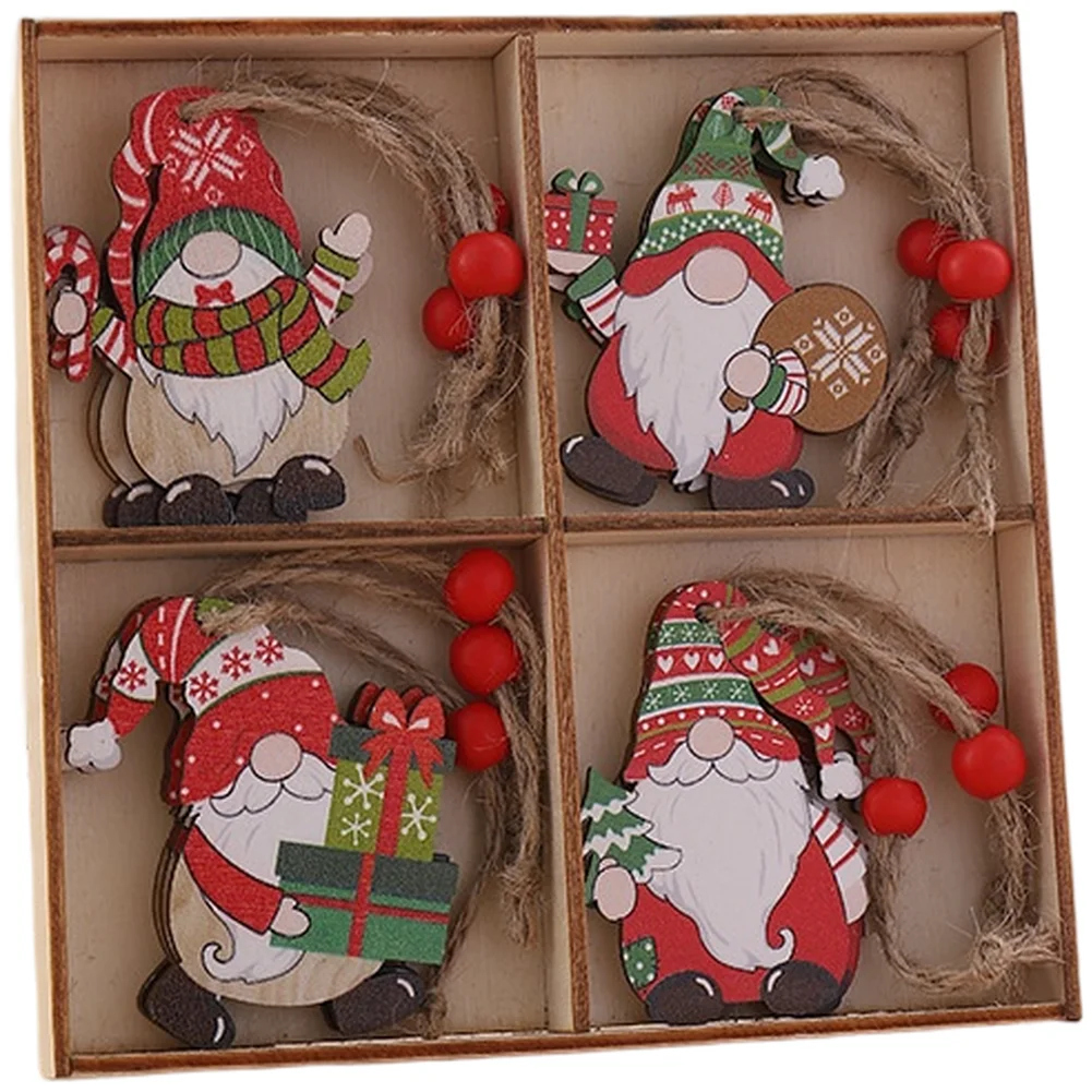 12 Piece Wooden Faceless Old Man Christmas Ornament Set with Engraved Cut Tree Pendants for Traditional Holiday Display