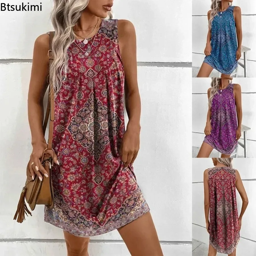 2026 Women's Casual Tank Dresses Summer Sleeveless Geometry Printed Mini Dresses Ethnic Style Vintage Fashion Beach Dress Femme