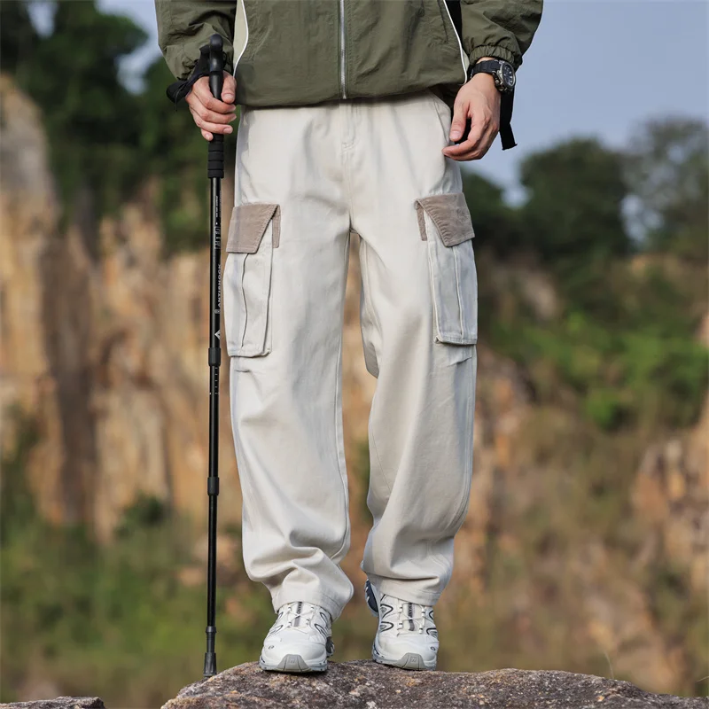 

Spring Loose Straight Cargo Pants for Men Outdoor Hiking Japanese Style Fashion Multi-Pocket Trendy Casual Mountaineering Pants