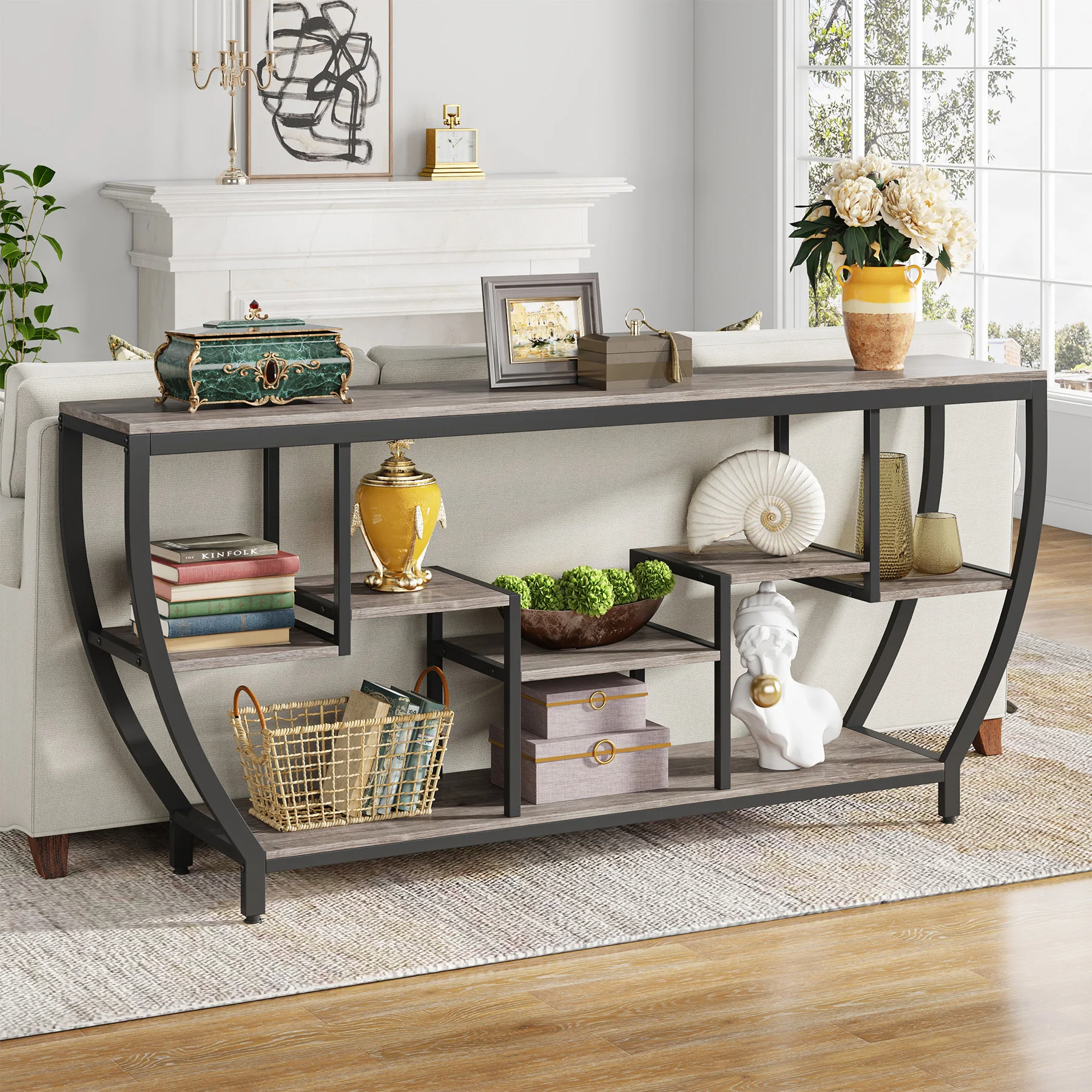 70.9 Inch Long Sofa Table with Shelves, Rustic Console Table with Storage, Industrial Entryway Table TV Stand