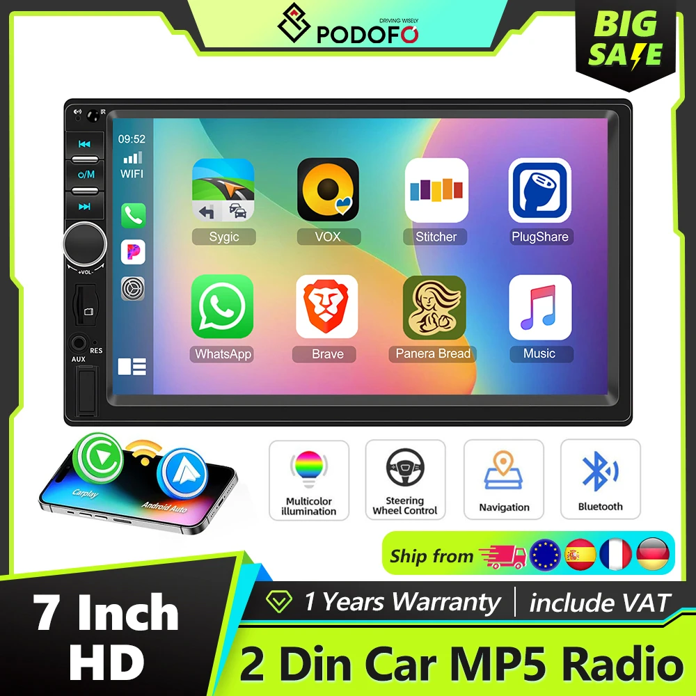 Podofo 2 Din Autoradio Kabelgebundenes Carplay Mirror Link Android Auto 7'' Auto-Multimediaplayer mit BT FM-Radio TF/USB-Schnittstelle