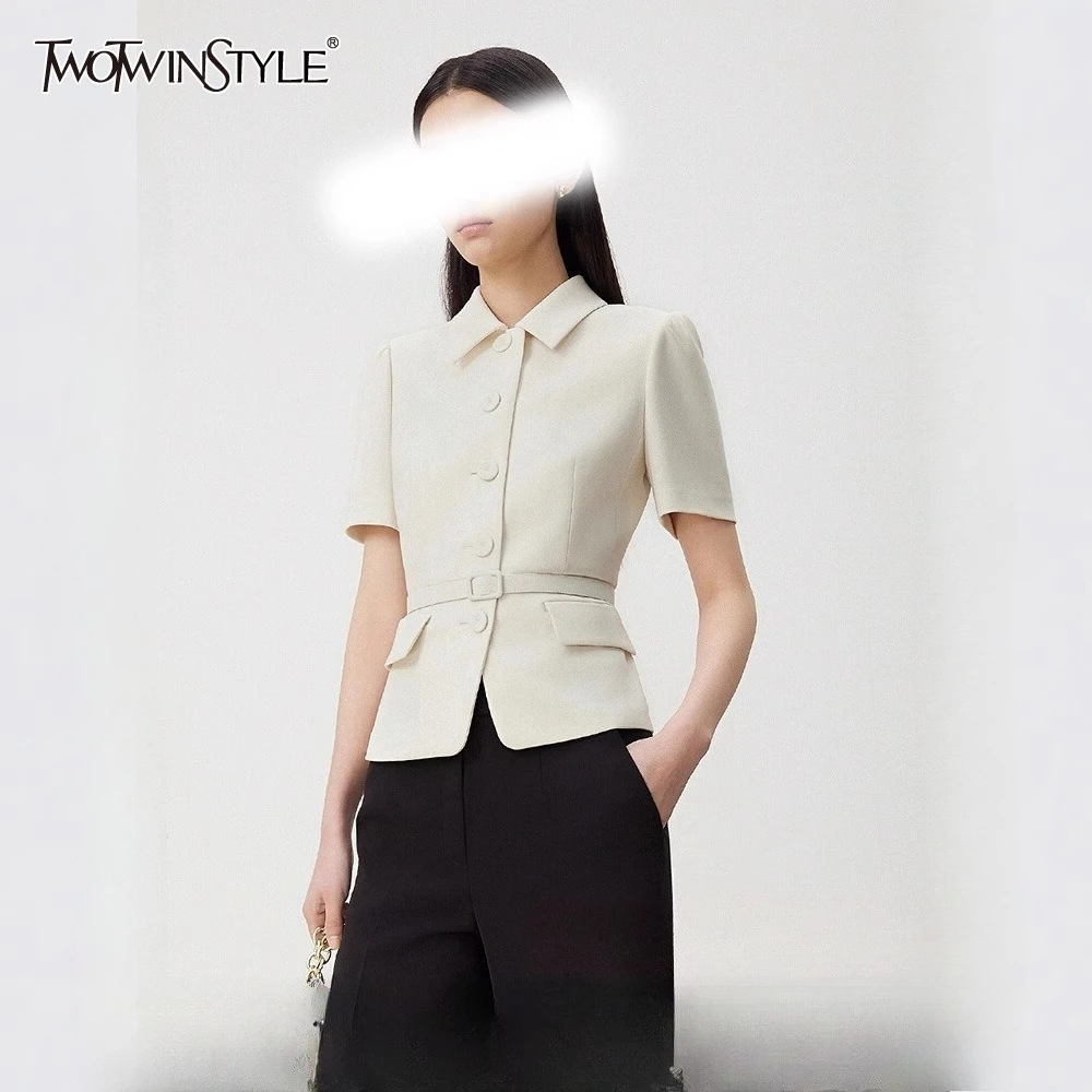 TWOTWINSTYLE Solid Spliced Sashes Jacket Female Lapel Short Sleeve Slimming Office Lady Women's Jackets Summer Fashion Style New