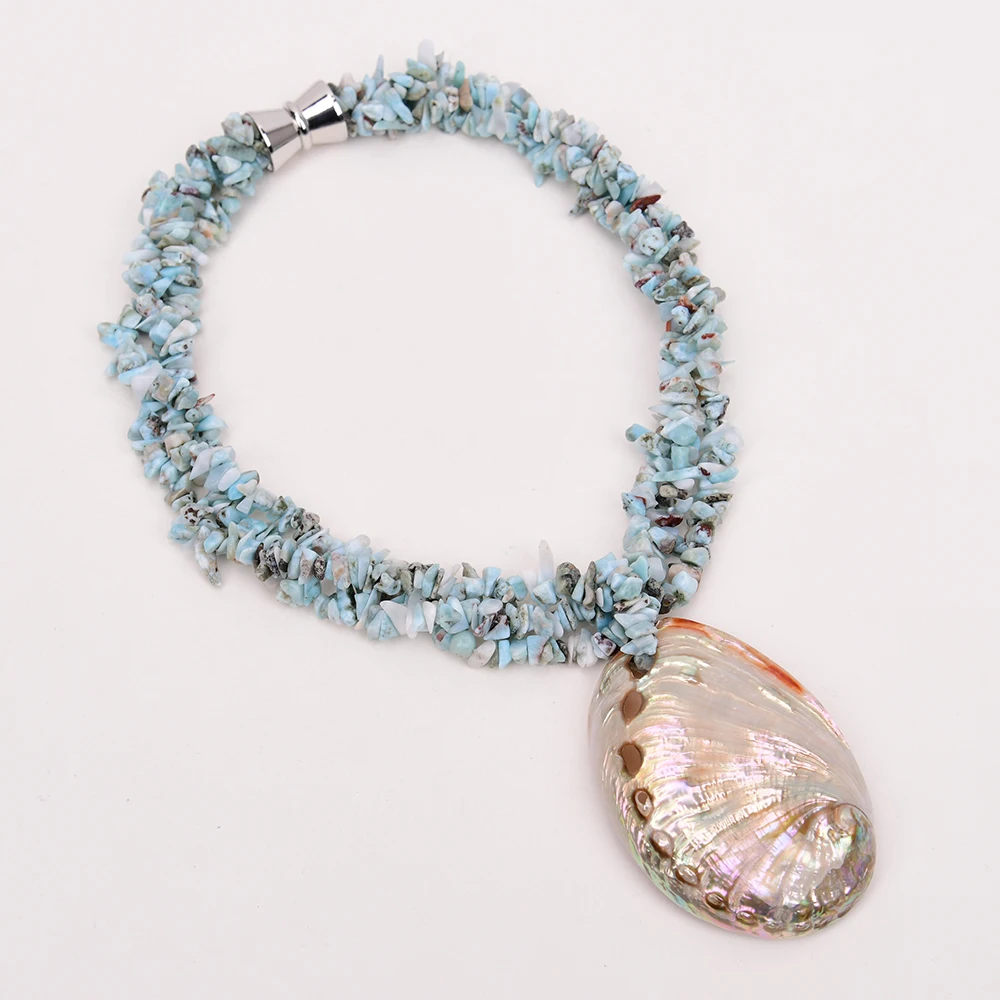 G-G 3 Rows Natural Blue Larimar Stone Chips Necklace Big Mix Color Abalone Shell Pendant 19" view 4