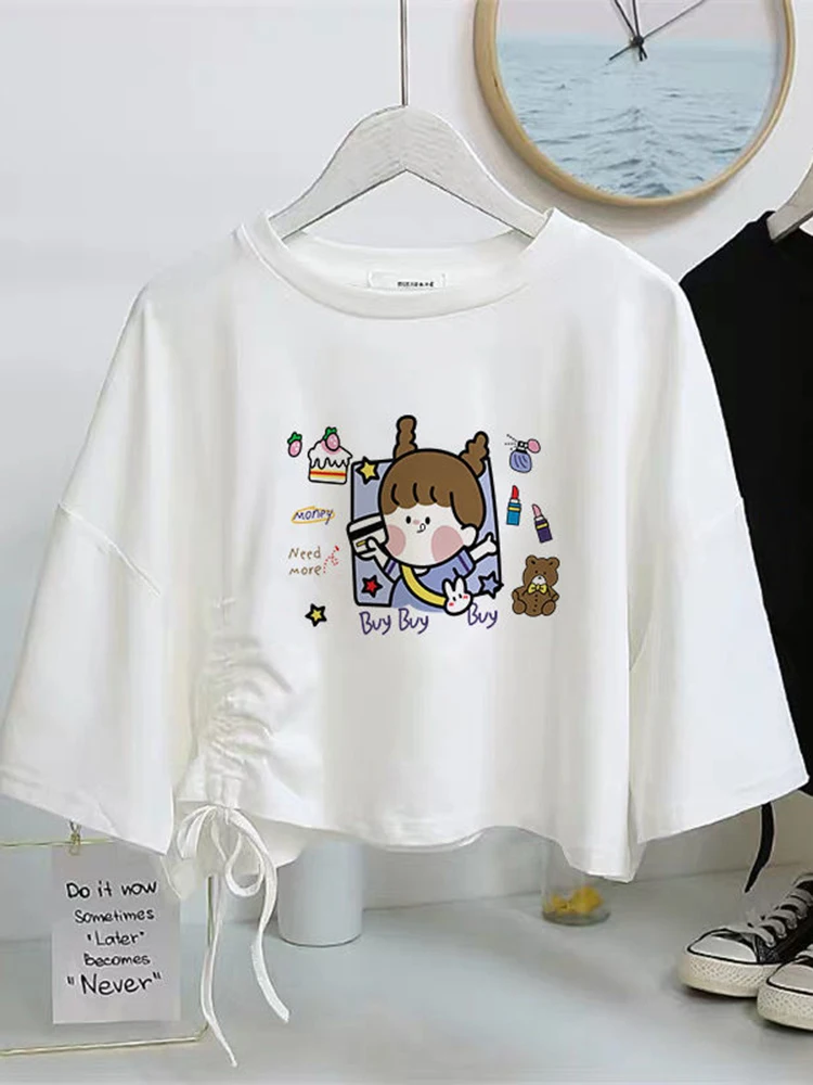 Summer Women T Shirt Casual O-Neck Short Sleeve Printed Short Tee Girls Kwaii Cute Bow Loose Tops Female Graphic White t shirt