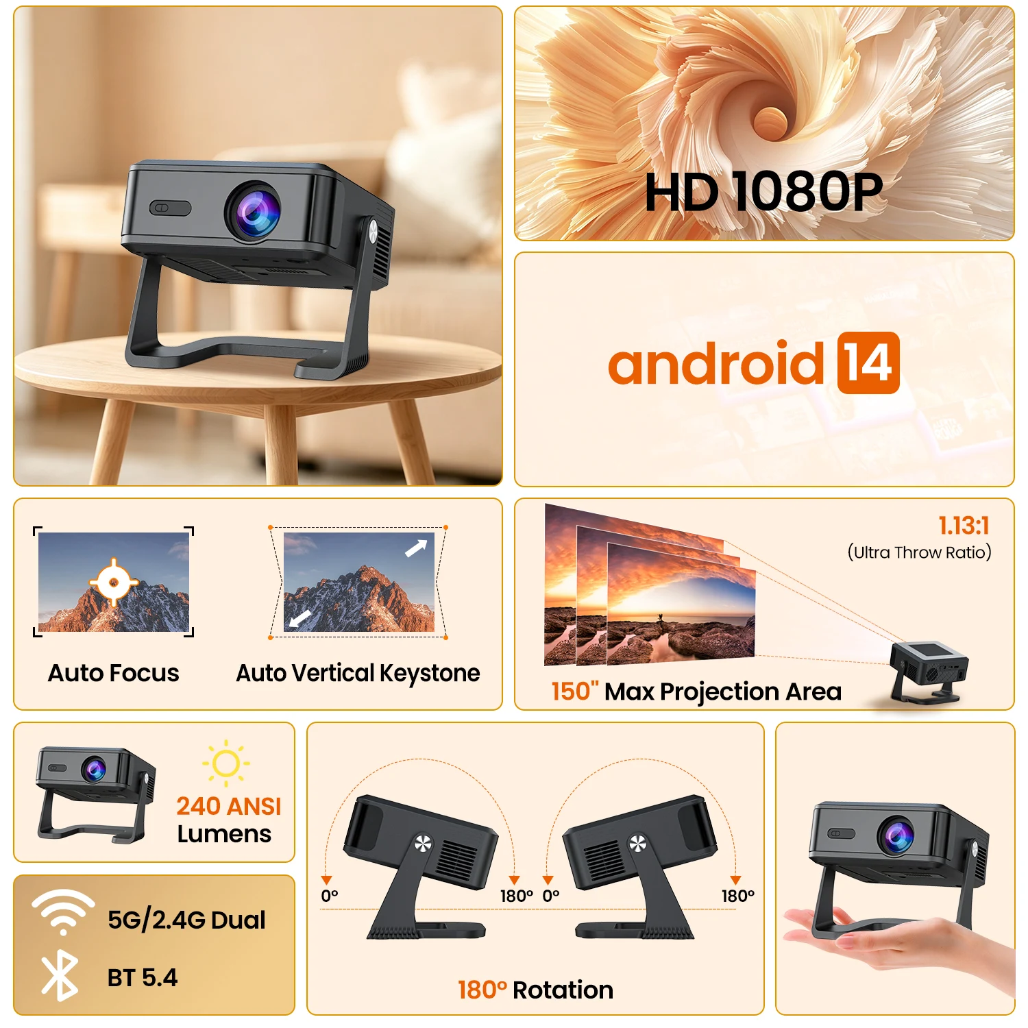 Xnano HA120-A Android 14 Projector 300ANSI Native 720P RGB Light WiFi 6 BT5.4 Auto Focus Mini Portable Home Cinema Beamer