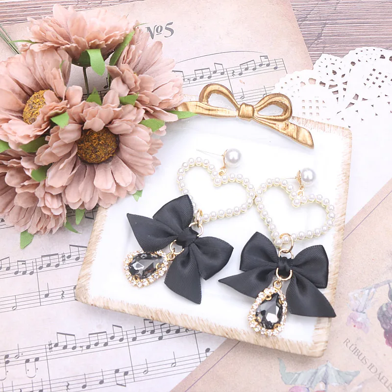 Romantic Pastel-toned Women's Bow Earing Women's Big Bowknot Earings Rhinestone Pendant Heart Earrings Accessories for Girl