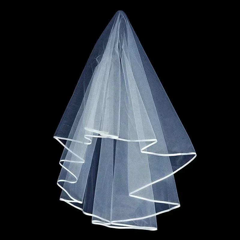 Two-Layers Bridal Short Tulle Wedding White Color Ribbon Edge Cheap Bride Accessories Women Veil