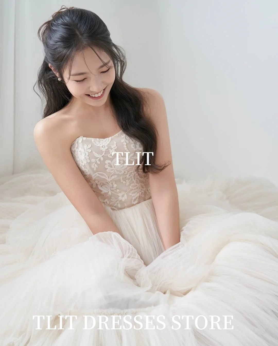 TLIT elegante witte gelaagde tule trouwjurk strapless kanten galajurken Korea bruidsjurk foto's schieten aangepaste korsetjurk