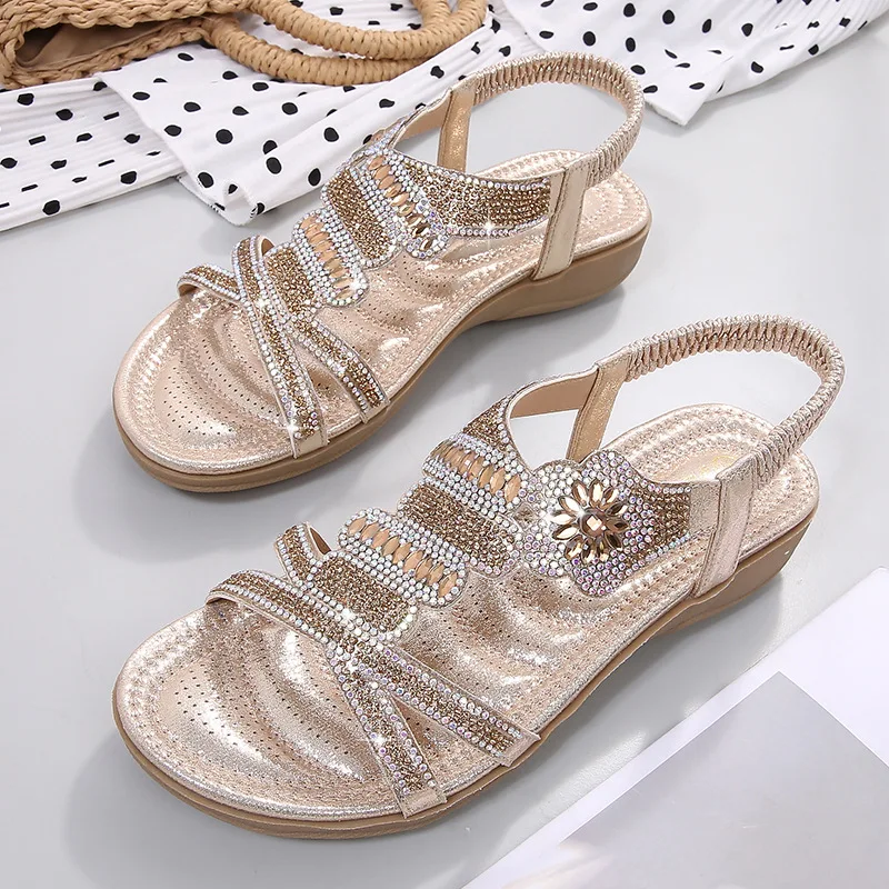 Plus Size 36-42 Shoes for Women Fashion Rhinestone Sandals Retro Flower Flat Beach Sandalias De Mujer Female Comfort Footwear