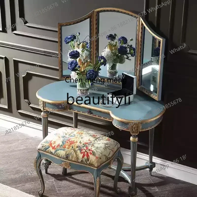 Retro light luxury French dressing table, painted luxury dressing stool, neoclassical all-solid wood bedroom dressing table6220