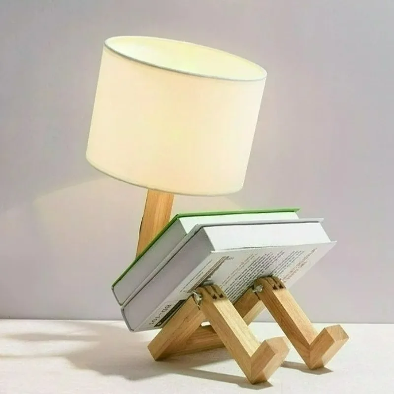 Wooden Robot Shaped Desk Lamp with 3 Color Dimming Button Switch Living Room Study Reading Light Bedroom Bedside Night Light