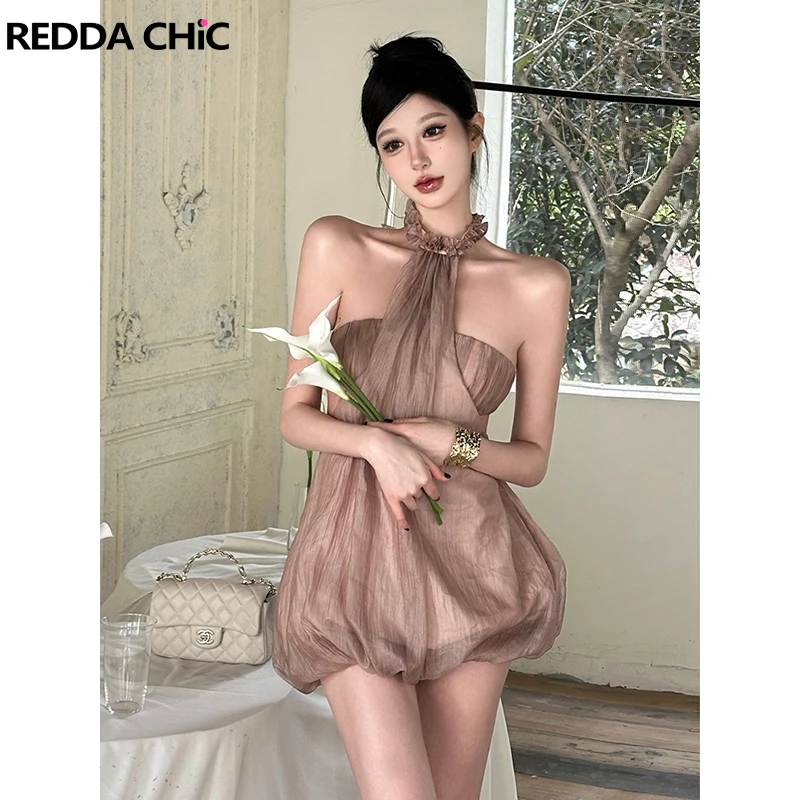 

Новое летнее мини-платье ReddaChic с оборками и бретельками через шею, без спинки, с открытыми плечами, текстурированное, с эффектом пузырьков, для вечеринок, сексуальная женская одежда