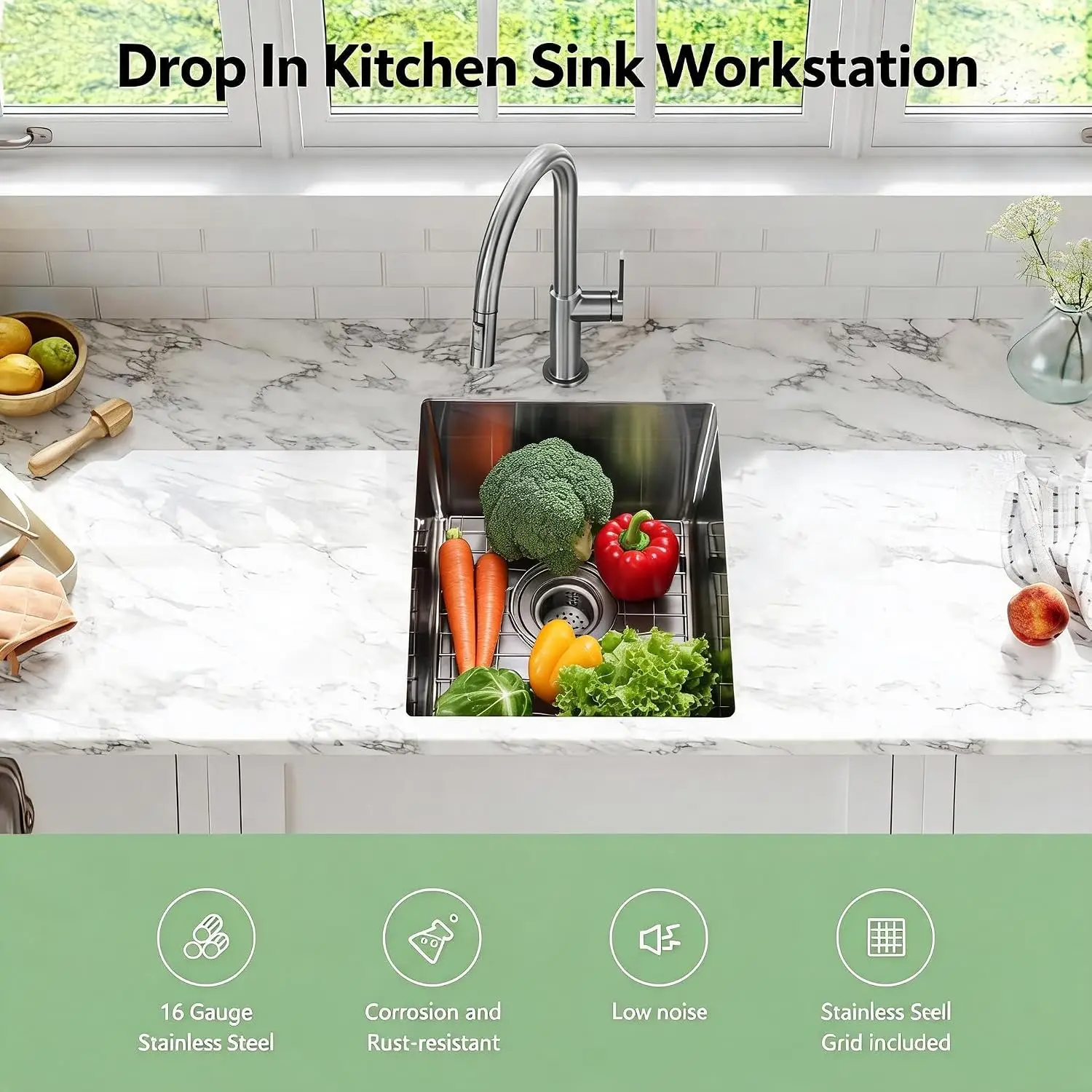 Tacleekii Stainless Steel Drop In Kitchen Sink, Single Bowl Bar/Prep Basin - Easy-Drain, Low-Noise - Includes Drying Rack & Basket Strainer