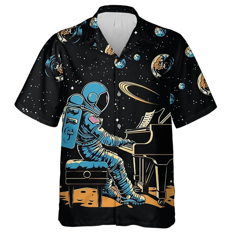 

Astronaut Space Pattern Hawaiian Shirts For Men Balloon Planet 3D Printed Blouse Summer Oversized Aloha Shirts Short Sleeves Top