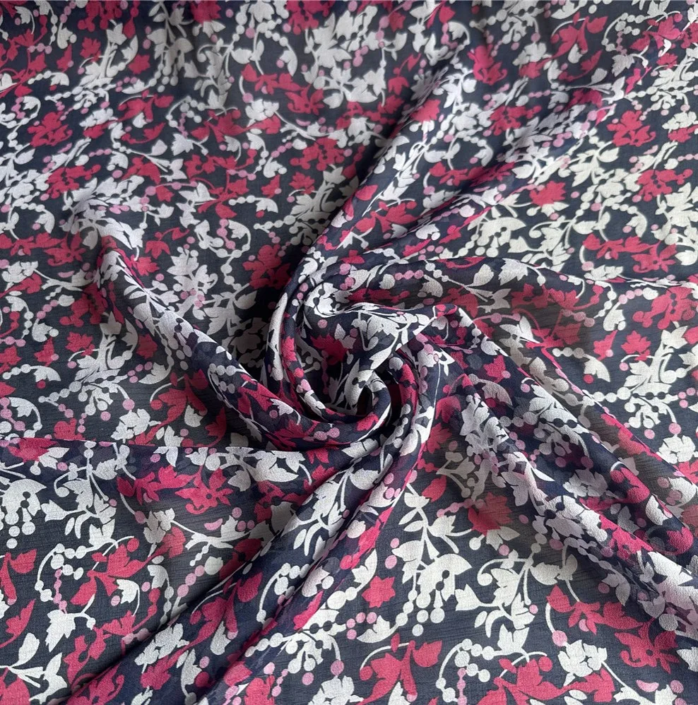 1 meter 100% Mulberry Silk 9 momme georgette Silk Thin Fabric Dark Blue Floral printed 140cm 55